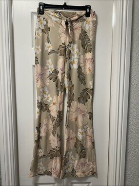 Forever 21 Beige Floral Tie-Waist Wide-Leg Pants